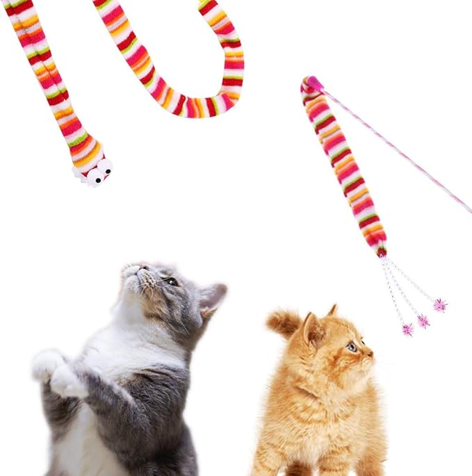 KABASI Cat Wand Rainbow Toy, 3 Styles Funny Interactive Cat Toys, Cuddly Stuffed Snake Cat Toy on Stick with Bell, Colorful Sounding Toys, Rainbow Ribbon Wand for Kittens Training