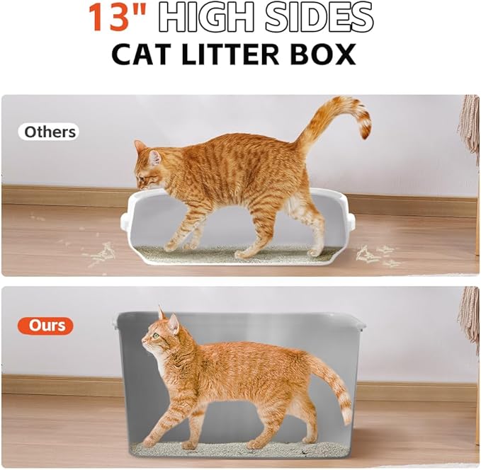 ARGOPET High Sides Cat Litter Box 25" L x 16" W x 13" H Extra Large Litter Box Jumbo for Multi Cat Households,Pet Safe Non-Stick Coating for Easier Cleaning & Superior Hygiene.(Grey
