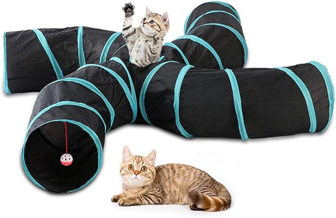 iHOO Cat Tunnels S-Way Crinkle Play Toys Collapsible Tube with Ball Maze Cat House Pet Interactive for Cat Puppy Kitten Rabbit 4-Way Tunnel