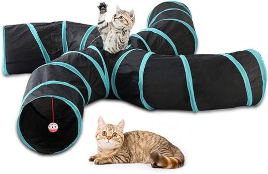iHOO Cat Tunnels S-Way Crinkle Play Toys Collapsible Tube with Ball Maze Cat House Pet Interactive for Cat Puppy Kitten Rabbit 4-Way Tunnel