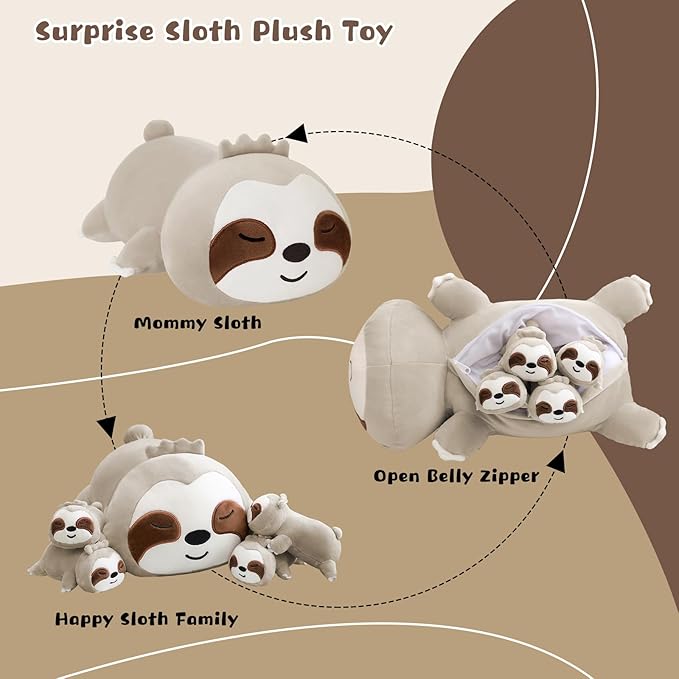 Sloth Stuffed Animal Cute Sloth Plush Pillow with 4 Baby Plushies in Her Tummy, Soft Cotton Stuffed Animals Toy Gifts for Kids