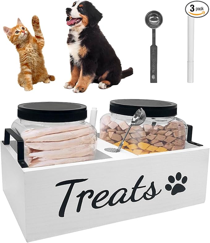 Dog Treat Container Food Storage - with 2 Plastic Treat Jars Pet Cat Food Containers Airtight Organizer Dog Treat Holder Farmhouse Decor Gift for Pet (White)