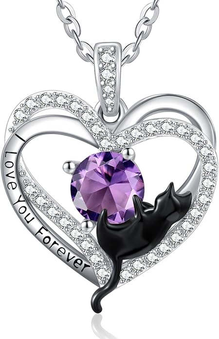 Birthstone Cat Necklaces,925 Sterling Silver Cat Necklace Heart Pendant for Women,Dainty Animal Jewelry for Her,Wedding Anniversary Birthday Gifts for Women Mom Grandma