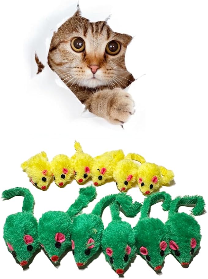 Plush Mouse Cat Toys, 12 Pieces Mice Assorted Pack, Lifelike Size Cat Mouse Toys, Rattle Small Mouse, Kitten Interactive Play Interactive Cat Toys, Cats, Kittens, Scratch, Chew, Yellow and Green