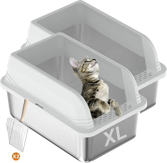 2 Pcs Stainless Steel Cat Litter Box with Lid, Extra Large High Sided Litter Box, XL Litter Box for Large Cats, Non-Leaking, Easy to Clean, Anti-Leakage Include Scoop(White)
