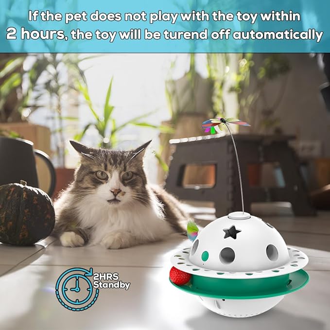 Interactive Cat Toys for Indoor Cats 4 in 1, Flying Butterfly, Shooting Feather, Catnip Balls, Automatic Kitten Toy, Dual Power Supplies & Stylish Design (Green)