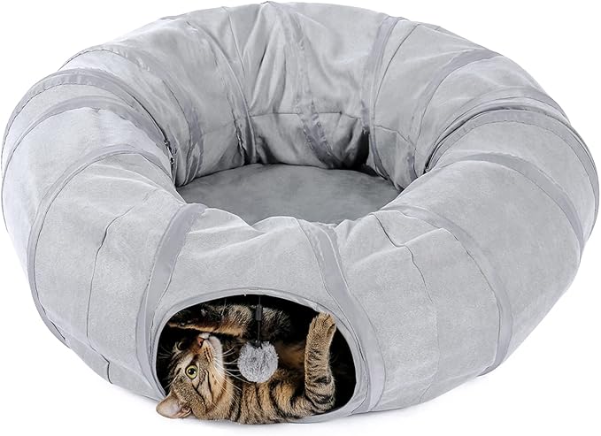 PAWZ Road Cat Tunnel Bed Large Cat Donut Tunnel for Indoor Cats Collapsible Cat Tube with Central Mat, Peek Hole and Cat Toy Hanging Balls for Indoor Cats