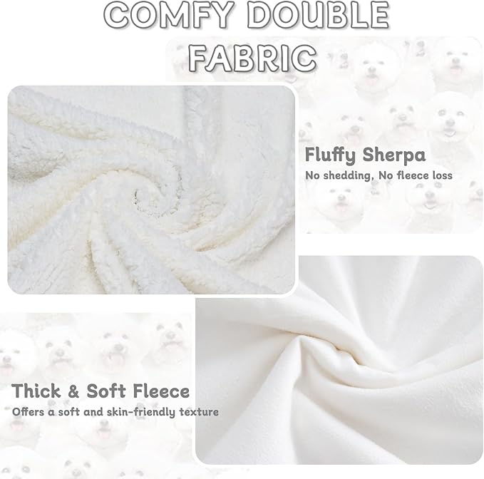 BlessLiving Bichon Frise Sherpa Fleece Throw Blanket 60" x 80" Soft Fluffy Warm Cozy Dogs Blanket for Couch Bed Sofa Chair Cute Puppy Fleece Blanket Reversible Animal Pattern Blankets Gifts for Women