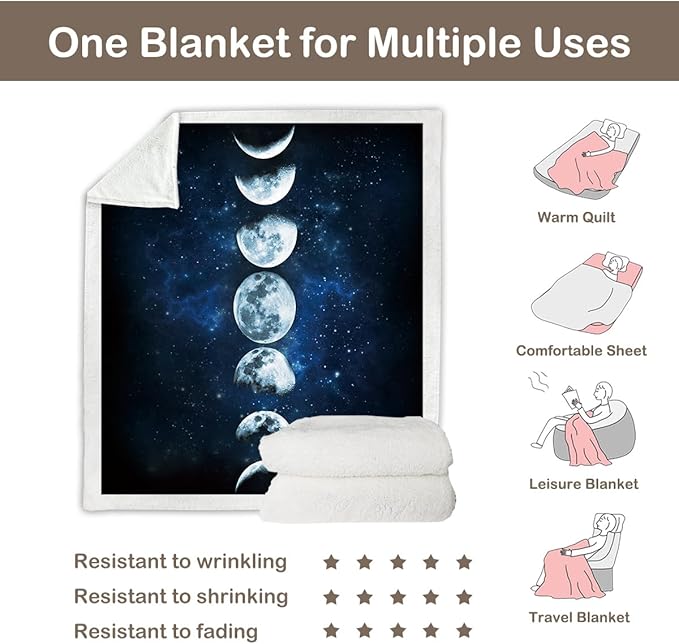 Sleepwish Lunar Eclipse Fleece Throw Blanket for Couch Chair Fuzzy Dark Blue Moon Phases Print Plush Sherpa Blanket for Kids, King(108"x90")
