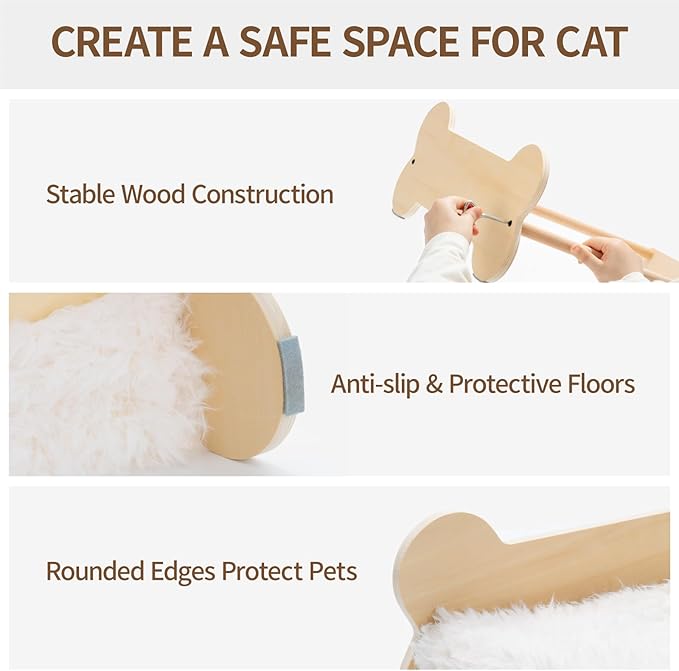 MEWOOFUN Cute Cat Beds for Indoor Cats, 20 X 17.7 in Elevated Cat Bed & Furniture, Wooden Cat Hammock Bed with Pillow, Fluffy Small Cat Bed Washable for Kitty, Plush White