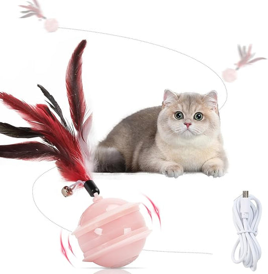 LED Interactive Cat Toy Ball, Cat Feather Toy Ball Cat Chase Toy Automatic Moving Ball Cat Feather Toy Rechargeable Self Rolling Ball (Pink)