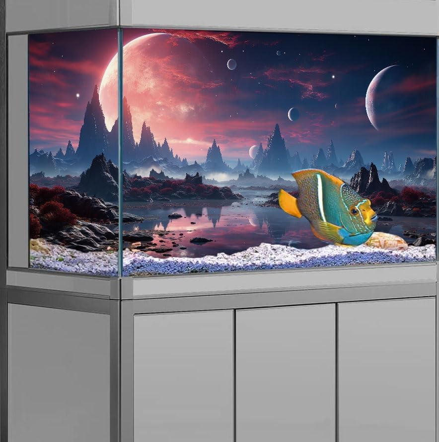 36X18IN Cosmic Spaceterrarium Background, Cool Parallel Space Themed Aquarium Reptile Habitat Background, Red Moon Aquarium Background with 10EVA Double-Sided Tape