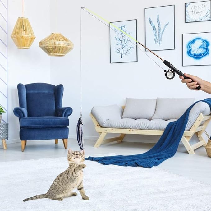 Cat Feather Toys Wand, Plastic Simulation Telescopic Pet Cat Funny Teaser Dangler Rod Stick with Feather, Catnip Interactive Training Toy for Indoor Cats Kitten Play Chase