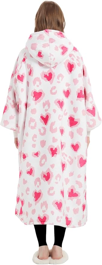 KFUBUO Wearable Blanket Hoodie for Adult Long Sherpa All Patterns Heart Oversized Hoodie Sweatshirt Blanket with Pockets Valentine Gifts for Her