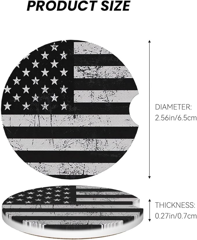 Absorbent Ceramic Car Coasters for Cup Holders, Black White American Flag Design 2.56" Anti Slip Universal Drink Cup Coasters for Women Men (2 Pack)