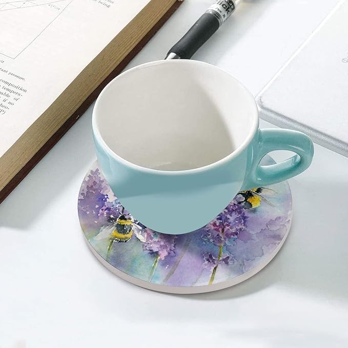 Bee Lavender Coasters for Drinks, Set of 4, 4 Inch Absorbent Diatomite Ceramics Coasters with Cork Base, Tabletop Protection, Suitable for Dining Tables, Desks, Restaurants, Cafes