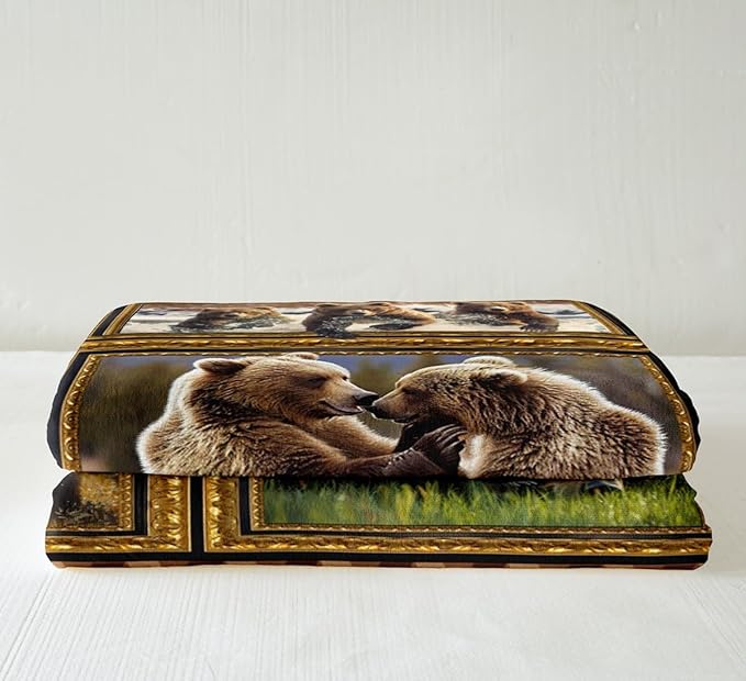 Feelyou Kids Bear Fleece Throw Blanket Queen 90"x90" Wild Animal Plaid Sherpa Blanket for Bed Sofa Couch Rustic Cabin Country Plush Blanket Women Men Fuzzy Blanket