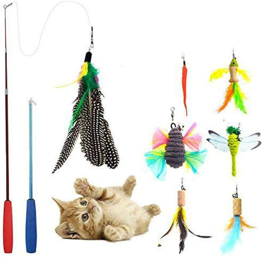 Cat Toys Interactive,9 Packs Retractable Cat Toy Wand, Cat Feather Toy, Assorted Refills Teaser Exerciser Wand Toy Set,Fish Bird Butterfly Dragonfly Worm