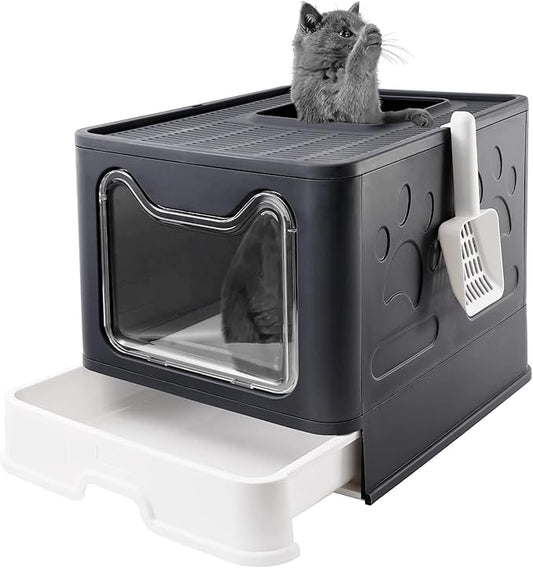 Bolux Foldable Cat Litter Box with Lid, Extra Large, Drawer Type Cat Litter Pan Easy to Scoop & Low Tracking (Dark Grey, 20" L x 16" W x 15" H)