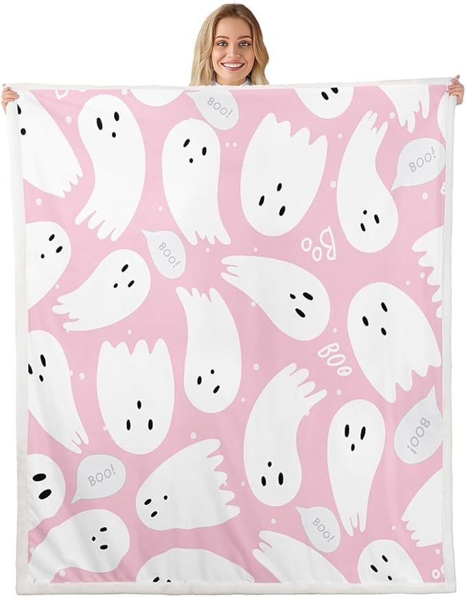 Feelyou Pink Halloween Sherpa Blanket Twin 60"x80" Cartoon Pink Ghost Fleece Throw Blanket for Bed Sofa Couch Kids Kawaii Cute Plush Blanket Pink Fuzzy Blanket Bedroom Flannal Blanket