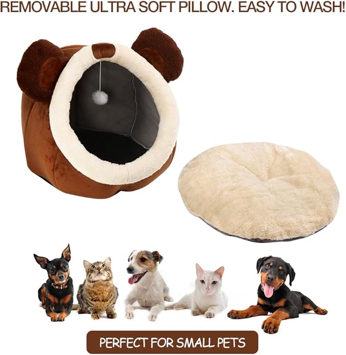 Lcybem Cat Beds for Indoor Cats - Cat Bed Cave with Removable Washable Cushioned Pillow, Soft Plush Premium Cotton No Deformation Pet Bed, Roomy Bear Cat House Design, Multiple Sizes-L