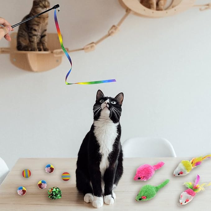 FuninCrea 24 PCS Cat Toys Kitten Toys Assortments, Cat Tunnels for Indoor Cats Variety Cat Toy Pack Fluffy Mouse, Spring Cat Toys, Crinkle Balls Cat Toys for Indoor Cats Kitten