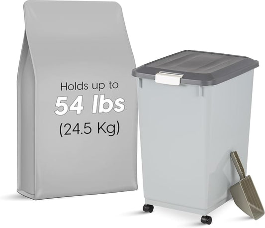 IRIS USA Dog Food Storage Container with Wheels, Airtight Lid, 2-Cup Scoop, Up to 54 Pounds Pet Food Storage, Built in Scoop Storage in Lid, Versatile Pet Food Bin, Portable, BPA Free, Gray/Dark Gray