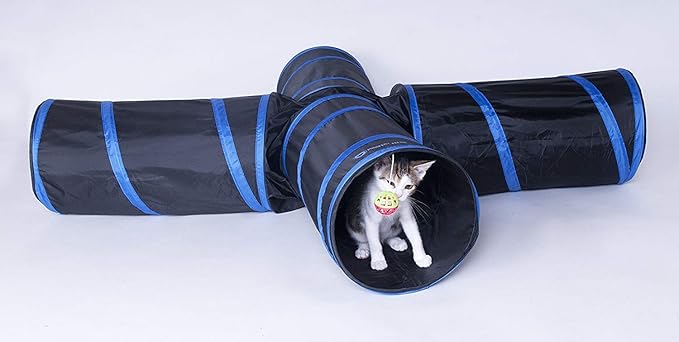 Purrfect Feline - 4 Way Cat Tunnel and Crinkle Cat Toy - Interactive Cat Toy with Cat Ball - Cat Supplies for Indoor Cats - Suitable for Ferrets, Rabbits or Small Dogs - Dark Blue - L