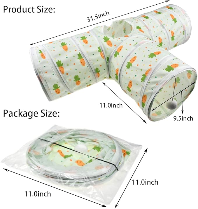 Vehomy Bunny Rabbit Tunnels Rabbit Cat 3 Way Collapsible Tunnel with Cute Carrot Patterns Small Pet Hideout Activity Tunnel Tube Toy for Bunny Kitten Cat Dwarf Guinea Pig T Shape