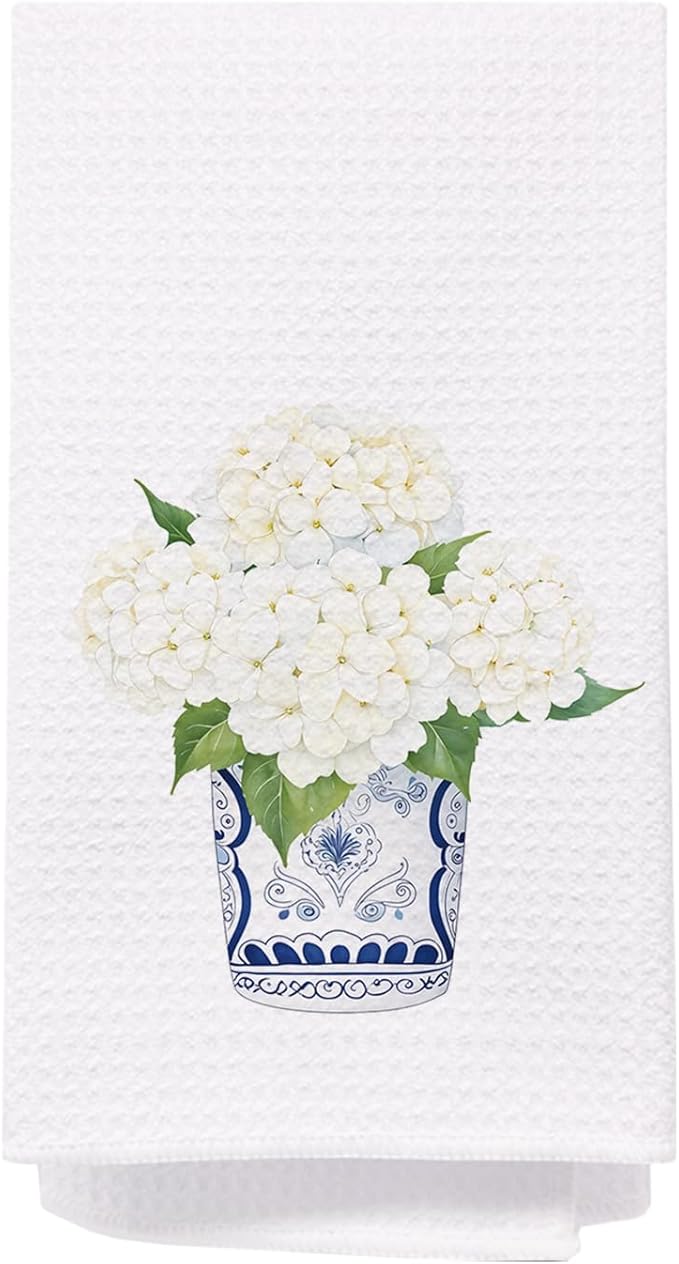 SPBL&L Chinoiserie Decor Kitchen Towels, Blue and White Chinoiserie Vase Hydrangea Floral Dish Towels for Kitchen, Blue and White Hand Towels for Bathroom, Grandmillenial Decor, 16x24 Inches