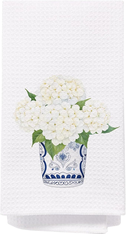 SPBL&L Chinoiserie Decor Kitchen Towels, Blue and White Chinoiserie Vase Hydrangea Floral Dish Towels for Kitchen, Blue and White Hand Towels for Bathroom, Grandmillenial Decor, 16x24 Inches