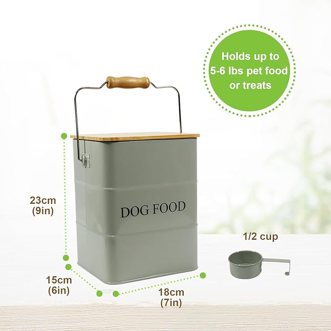 Dog Food Storage Container Dog Treats Jar, Metal Food Treats tin for Dog, pet Snacks Canisters with Wooden lid/Handle/sevice Scoop,Hold 5-6 lbs-Green