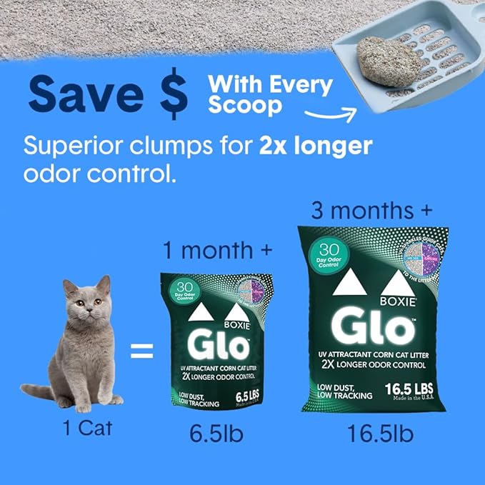 Boxie® Glo™ Natural Attractions 30 Day Odor Control Clumping Corn Cat Litter, 16.5 lb, 99.9% Dust-Free, Plant-Based, Lightweight, Strong Clumping, UV Light Attractant for Litter Box Use