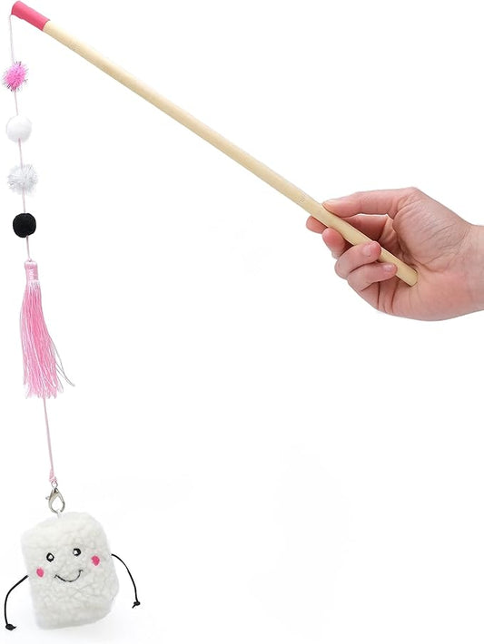 ZippyClaws Marshmallow ZippyStick - Interactive Cat Toy Wand for Indoor Cats & Kittens, Cute Kitty Toys for Boredom, Fun Teaser Stick with Feathered Tassles & Plush Dangling Toy