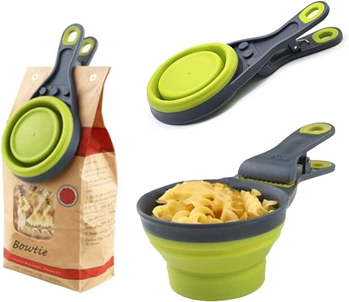 Collapsible Pet Scoop Silicone Measuring Cups Set Sealing Clip 3 in 1 Multi-Function Scoop Bowls Bag Clip Dog Snack Measuring Cup for Dog Cat Food Water Set of 2 (1 Cup & 1/2 Cup Capacity)