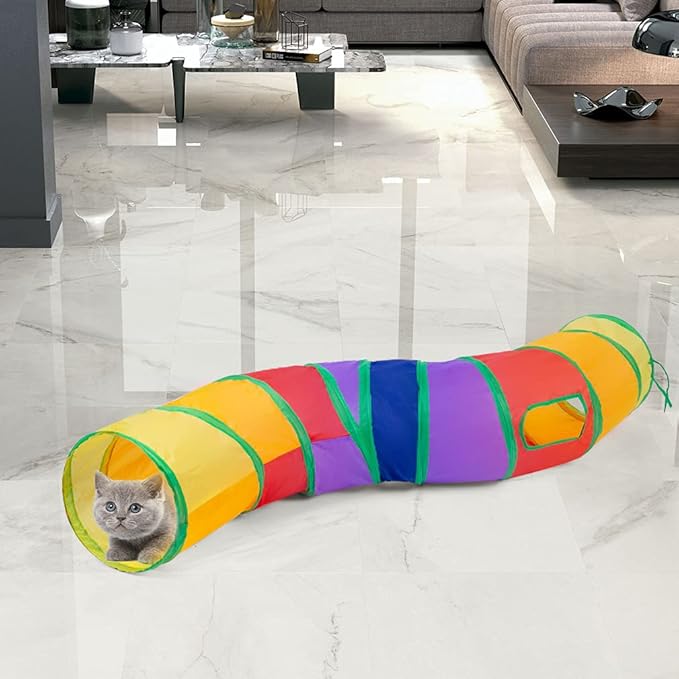 Sheldamy Cat Tunnel, S-2-Way Cat Tunnels for Indoor Cats, Collapsible Cat Play Tunnel, Interactive Toy Maze Cat House with 1 Play Ball for Cats, Puppy, Kitty, Kitten, Rabbit (Multicolor)