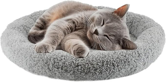 lesypet Cat Bed for Indoor Cats, Round Cat Bed Small Cat Bed Curl Sleep Cushion with Raised Pillow Around, Non-Slip Bottom Washable Mat for Small Pet Rabbit Hamsters, Round Medium 15.75"