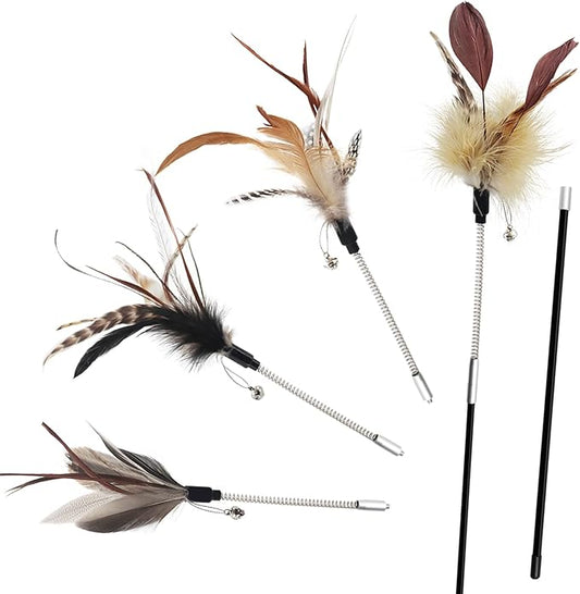 SONGWAY Cat Feather Wand Toy - Cat Teaser Toy Wand with 4 Pcs Flexible Spring Cat Feather Refillls, Interactive Cat Feather Toys for Indoor Cat and Kitten