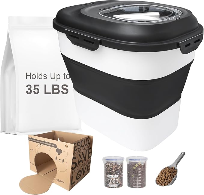 35LBS Collapsible Dog Food Storage Container, Pet Dog Pantry Large Containers Bin with Wheels,Scoop & 2pcs Food Storage Containers, Kitchen Cereal Flour Rice Leakproof Dry Holder-Black