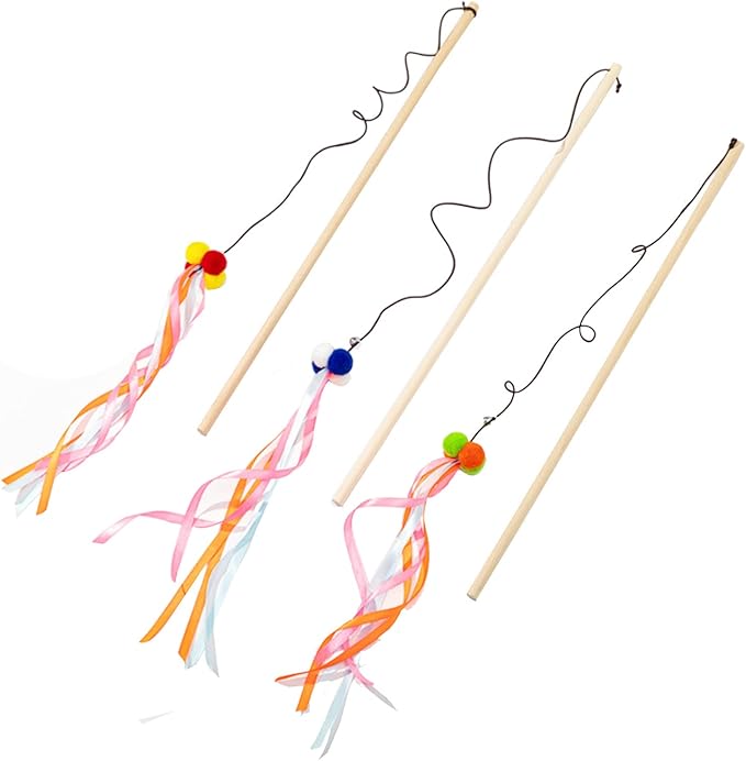 IUHKBH Cat Wand Toys, 3 PCS Interactive Cat Toys Wooden Handle Cat Teaser Toys with Bell, Ribbon and Pom Poms Sturdy Cat Sticks