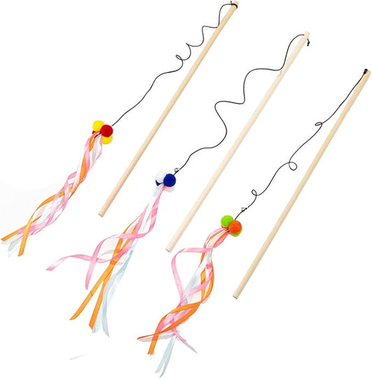 IUHKBH Cat Wand Toys, 3 PCS Interactive Cat Toys Wooden Handle Cat Teaser Toys with Bell, Ribbon and Pom Poms Sturdy Cat Sticks