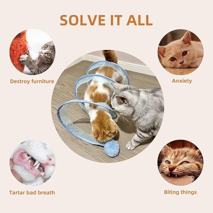 Folded Cat Tunnel, Cat Tunnel for Indoor Cats, Collapsible Cat Tunnel with Feather and Bell, Folded Cat Tubes, Cat Spring Toys for Rabbits and Cats, Portable Pet Toy (Blue)