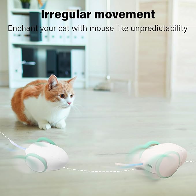 Robot Mouse Cat Toy for Indoor Cats,Automatic Cat Mouse Toy with LED Light,Smart Sensing Moving Electric Cat Toys with Replaceable Feather,Simulated Mouse Calls,USB Rechargeable
