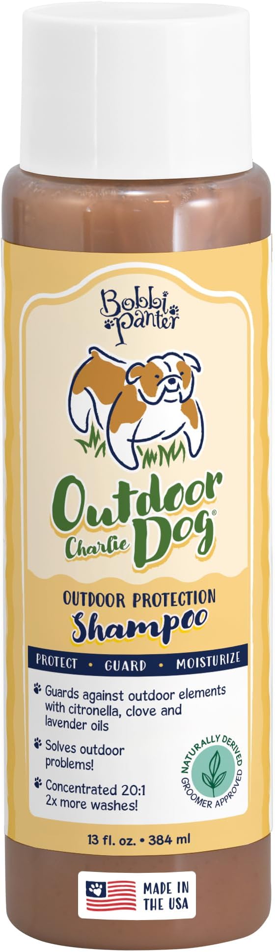 Bobbi Panter Charlie Outdoor Dog Shampoo to Protect Fur & Moisturizes Skin, Natural Ingridients, Tear-Free, pH-Balanced, Concentrated 20:1 Formula, Clove & Cedarwood Scent, 13 oz.