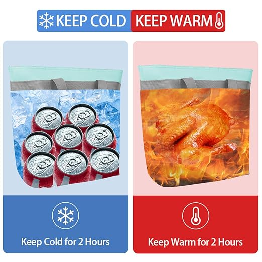 2Pk Insulated Reusable Tote Bag for Grocery Shopping for Women/Men, Pizza/Food Delivery Bag to Keep Food Cold/Hot for Uber Eats/Doordash/Grubub, Cooler bags for Travel/Beach/Picnic, Green