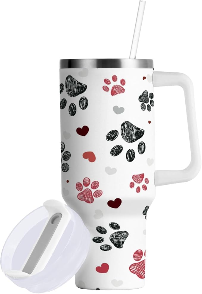Boccsty Black Red Dog Paw Prints Hearts Insulated Tumblers Reusable Stainless Steel Tumbler 40 oz Cup Coffee Travel Mug Water Bottle with Handle & Flip Straw for Home Office Car