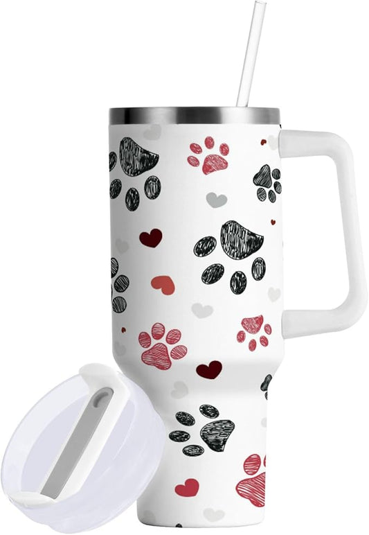 Boccsty Black Red Dog Paw Prints Hearts Insulated Tumblers Reusable Stainless Steel Tumbler 40 oz Cup Coffee Travel Mug Water Bottle with Handle & Flip Straw for Home Office Car