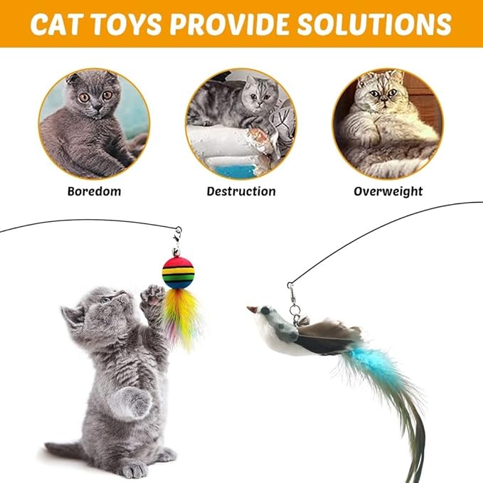 MiOYOOW Cat Feather Toy, Interactive Cat Teaser Feather Cat Toy Set with Dual Ended Suction Cup/ 4 Feather Refills for Indoor Cats Kittens