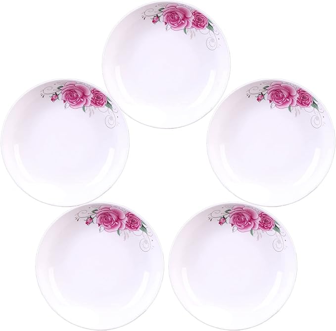 5 Pack Ceramic Plates with Rose Pattern, 7 inch Large Dessert Salad Porcelain Dinner Plates, Ceramic Dessert Dishes for Steak Pasta Pizza Appetizer (Dishwasher & Microwave Safe Plates)