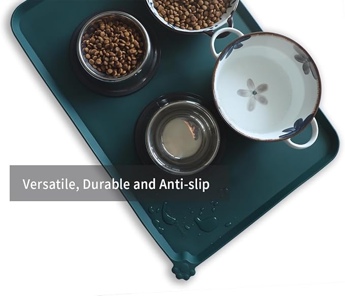 Hoki Found Large Silicone Pet Food Mats Tray - Non Slip Pet Dog Cat Bowl Mats Placemat - Dog Pet Cat Feeding Mat - Waterproof Dog Cat Food Mats -Pet Water Mats for Floors - Dark Cedar